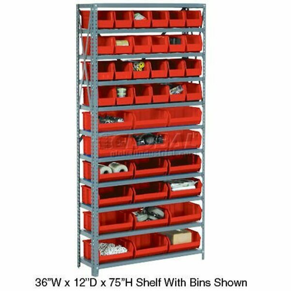 Global Industrial Steel Open Shelving, 28 Red 8-1/4x10-3/4x7 Stacking Bins 8 Shelves 36x12x73 506204RD